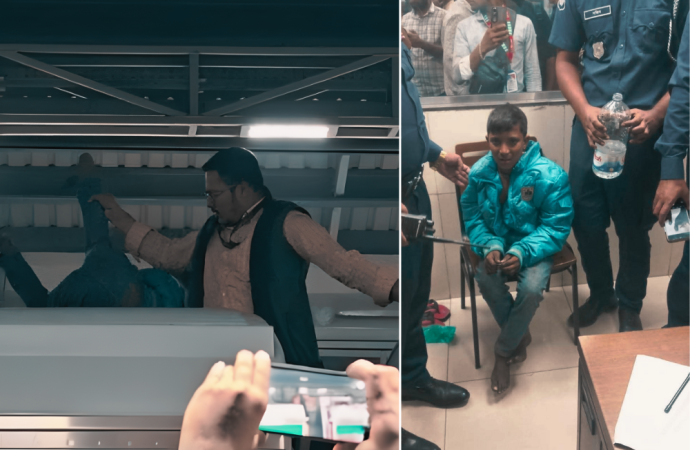 মেট্রোরেলের ছাদে দুই ব্যক্তি,সাময়িক বন্ধ ট্রেন চলাচল।